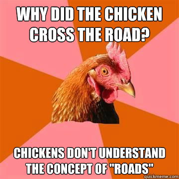 Why did the Chicken cross the road? Chickens don't understand the concept of 