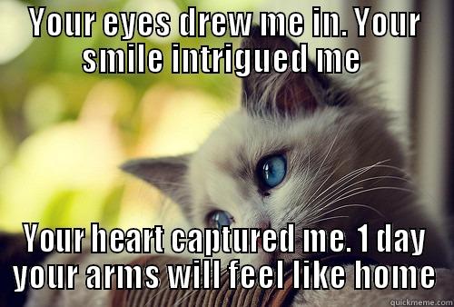 YOUR EYES DREW ME IN. YOUR SMILE INTRIGUED ME  YOUR HEART CAPTURED ME. 1 DAY YOUR ARMS WILL FEEL LIKE HOME First World Problems Cat