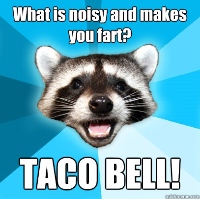 What is noisy and makes you fart? TACO BELL!  Lame Pun Coon