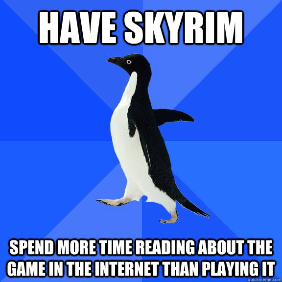 Have skyrim spend more time reading about the game in the internet than playing it  Socially Awkward Penguin