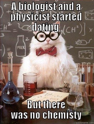 A BIOLOGIST AND A PHYSICIST STARTED DATING  BUT THERE WAS NO CHEMISTY Chemistry Cat