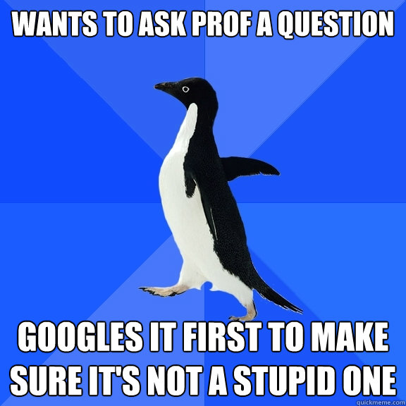 Wants to ask prof a question Googles it first to make sure it's not a stupid one  Socially Awkward Penguin
