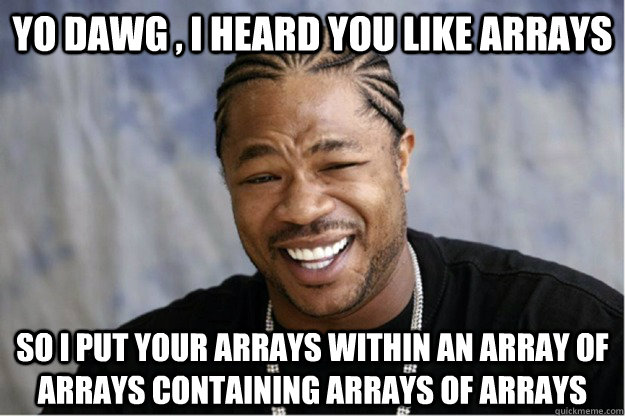 Yo dawg , i heard you like arrays  So i put your arrays within an array of arrays containing arrays of arrays  Shakesspear Yo dawg