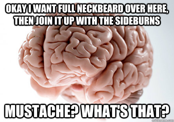 Okay I want full neckbeard over here, then join it up with the sideburns mustache? what's that?  Scumbag brain on life