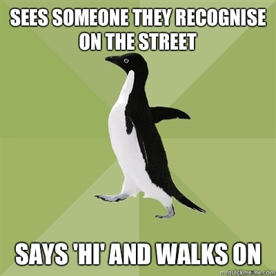 Sees someone they recognise on the street Says 'hi' and walks on  Socially Average Penguin