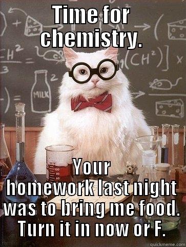 TIME FOR CHEMISTRY. YOUR HOMEWORK LAST NIGHT WAS TO BRING ME FOOD. TURN IT IN NOW OR F. Chemistry Cat