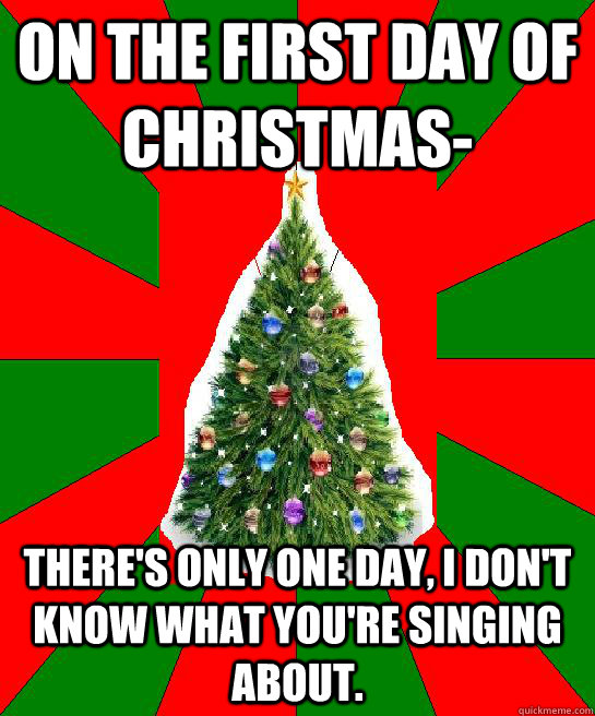 On the first day of christmas- There's only one day, I don't know what you're singing about. - On the first day of christmas- There's only one day, I don't know what you're singing about.  Twelve days of Christmas