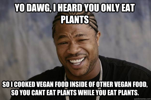 Yo Dawg, I heard you only eat plants So I cooked vegan food inside of other vegan food, so you cant eat plants while you eat plants.  Xzibit meme