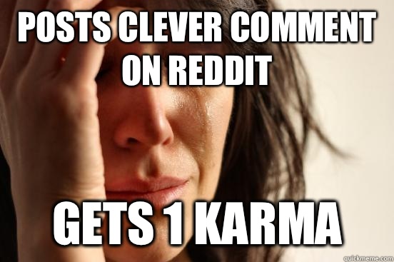 Posts clever comment on reddit Gets 1 karma   First World Problems
