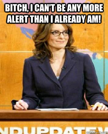 Bitch, I can't be any more alert than I already am!   Tina Fey