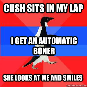 Cush sits in my lap i get an automatic boner she looks at me and smiles  Socially awesome awkward awesome penguin