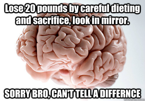 Lose 20 pounds by careful dieting and sacrifice, look in mirror. SORRY BRO, CAN'T TELL A DIFFERNCE   Scumbag Brain