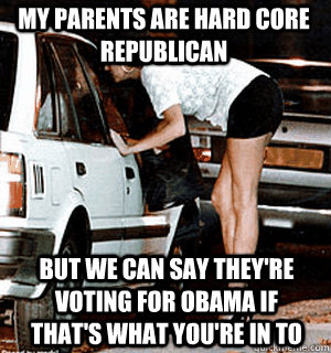 My parents are hard core republican but we can say they're voting for obama if that's what you're in to  Karma Whore