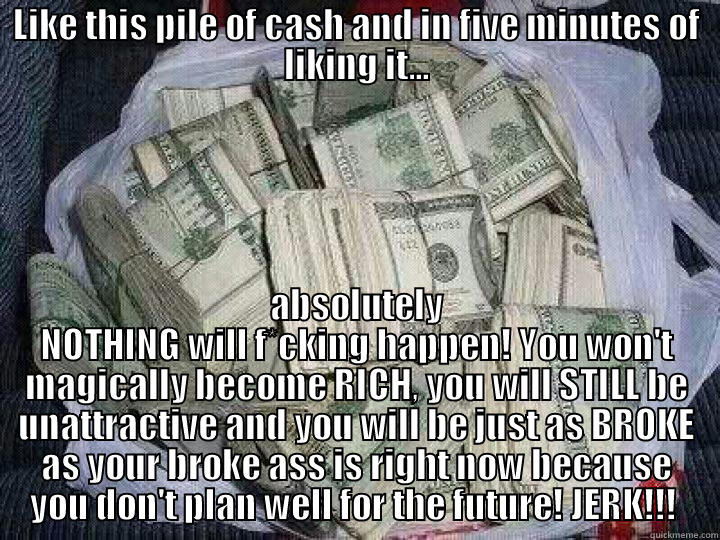 LIKE THIS PILE OF CASH AND IN FIVE MINUTES OF LIKING IT... ABSOLUTELY NOTHING WILL F*CKING HAPPEN! YOU WON'T MAGICALLY BECOME RICH, YOU WILL STILL BE UNATTRACTIVE AND YOU WILL BE JUST AS BROKE AS YOUR BROKE ASS IS RIGHT NOW BECAUSE YOU DON'T PLAN WELL FOR THE FUTURE! JERK!!!  Misc