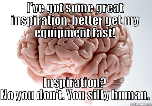 I'VE GOT SOME GREAT INSPIRATION, BETTER GET MY EQUIPMENT FAST! INSPIRATION? NO YOU DON'T. YOU SILLY HUMAN. Scumbag Brain