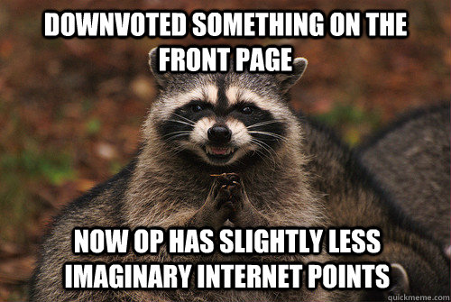 Downvoted something on the front page now op has slightly less imaginary internet points  Insidious Racoon 2