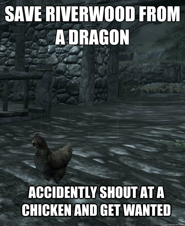 save riverwood from a dragon
 accidently shout at a chicken and get wanted   Skyrim Logic