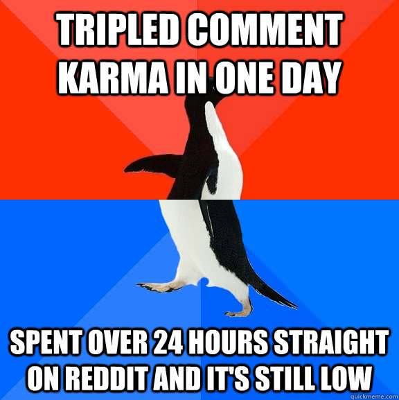 Tripled comment karma in one day spent over 24 hours straight on reddit and it's still low  Socially Awesome Awkward Penguin