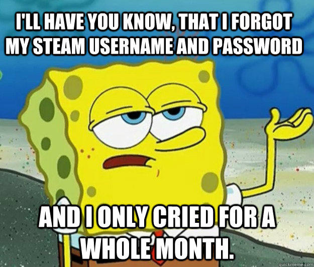 I'll have you know, that i forgot my steam username and password And I only cried for a whole month. - I'll have you know, that i forgot my steam username and password And I only cried for a whole month.  How tough am I