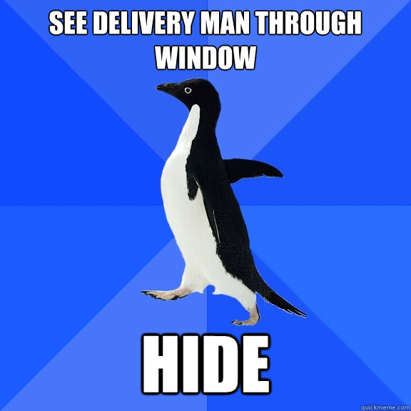 See delivery man through window hide  Socially Awkward Penguin