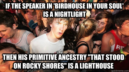 If the speaker in 'Birdhouse in your soul' is a nightlight then his primitive ancestry 