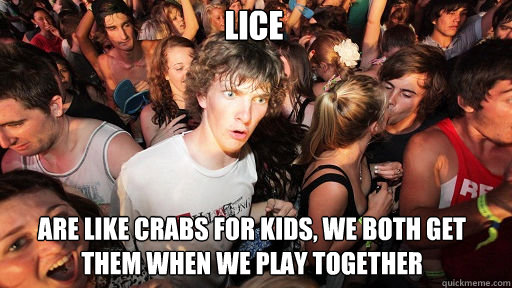 lice are like crabs for kids, we both get them when we play together  Sudden Clarity Clarence
