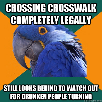 Crossing crosswalk completely legally Still looks behind to watch out for drunken people turning  Paranoid Parrot