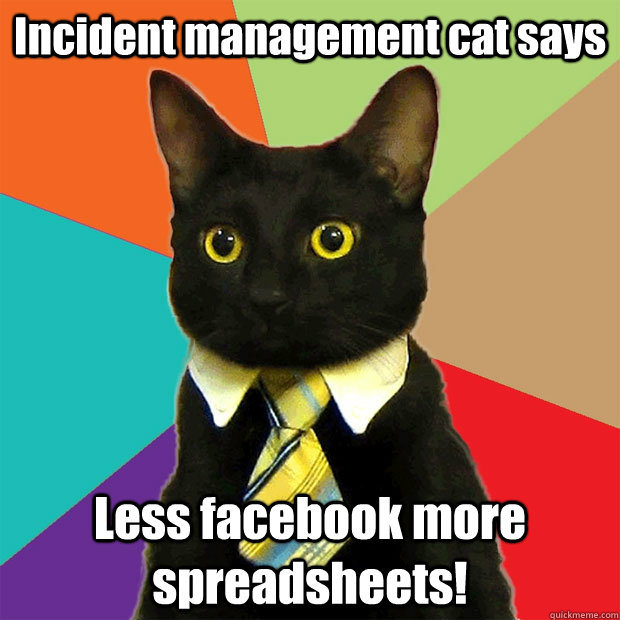 Incident management cat says Less facebook more spreadsheets! - Incident management cat says Less facebook more spreadsheets!  Business Cat