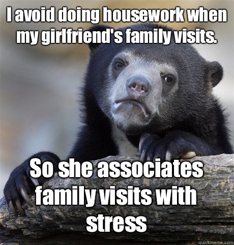 I avoid doing housework when my girlfriend's family visits.  So she associates family visits with stress  Confession Bear