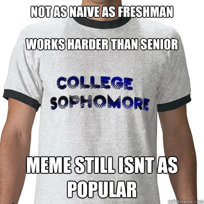 Not as naive as freshman

works harder than senior Meme still isnt as popular  College Sophomore