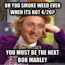 Oh you smoke weed even when its not 4/20? you must be the next Bob Marley  - Oh you smoke weed even when its not 4/20? you must be the next Bob Marley   WILLY WONKA SARCASM
