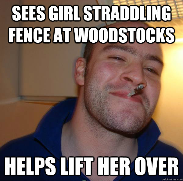 sees girl straddling fence at woodstocks helps lift her over - sees girl straddling fence at woodstocks helps lift her over  Misc