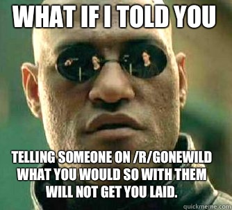 what if i told you Telling someone on /r/gonewild what you would so with them will not get you laid.  Matrix Morpheus