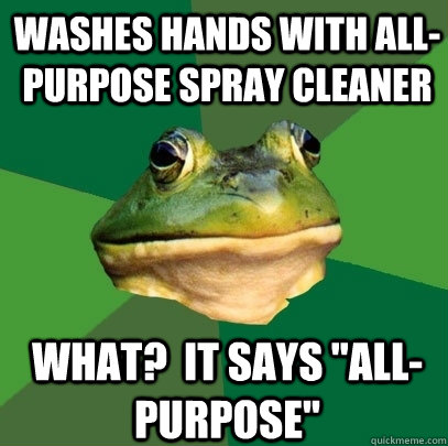 washes hands with all-purpose spray cleaner what?  it says 