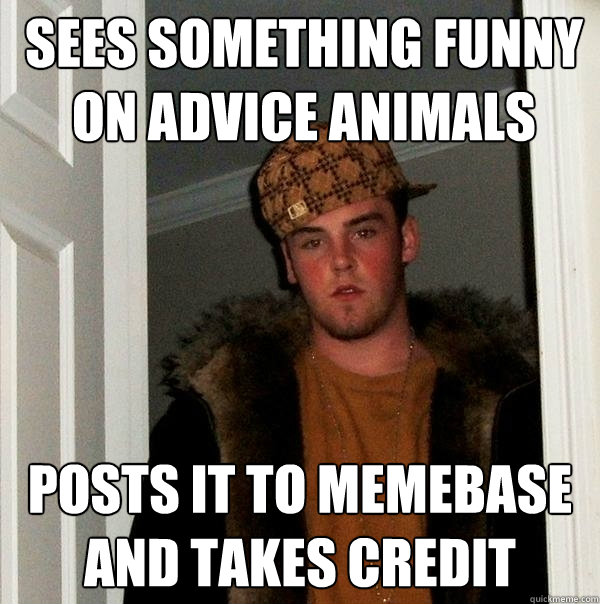 Sees something funny on advice animals Posts it to memebase and takes credit  Scumbag Steve