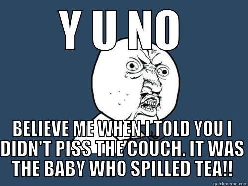 Y U NO BELIEVE ME WHEN I TOLD YOU I DIDN'T PISS THE COUCH. IT WAS THE BABY WHO SPILLED TEA!! Y U No