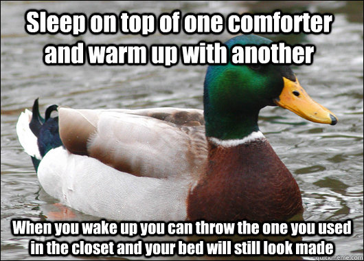 Sleep on top of one comforter and warm up with another When you wake up you can throw the one you used in the closet and your bed will still look made   Actual Advice Mallard