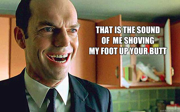 That is the sound
of  me shoving
my foot up your butt - That is the sound
of  me shoving
my foot up your butt  Agent Smith