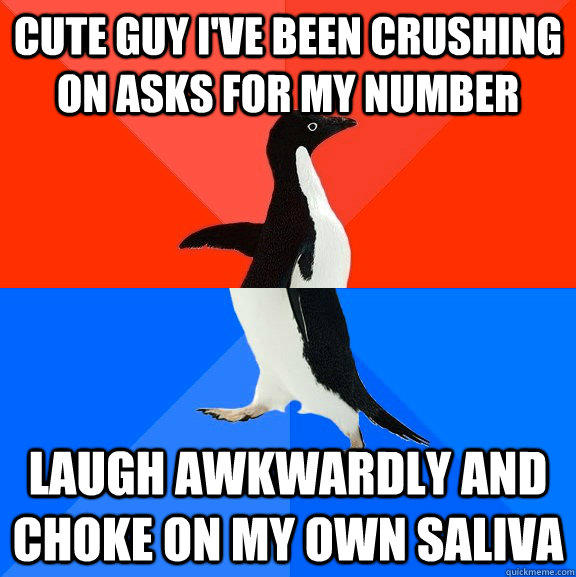 cute guy i've been crushing on asks for my number laugh awkwardly and choke on my own saliva   - cute guy i've been crushing on asks for my number laugh awkwardly and choke on my own saliva    Socially Awesome Awkward Penguin