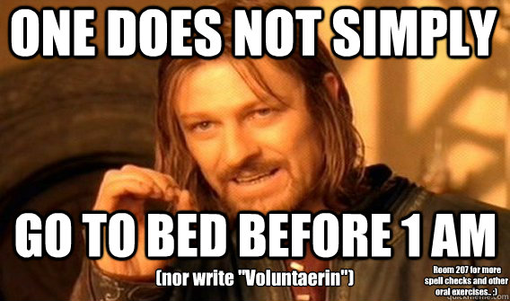ONE DOES NOT SIMPLY GO TO BED BEFORE 1 AM  (nor write 