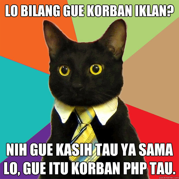 lo bilang gue korban iklan? nih gue kasih tau ya sama lo, gue itu korban php tau.  Business Cat