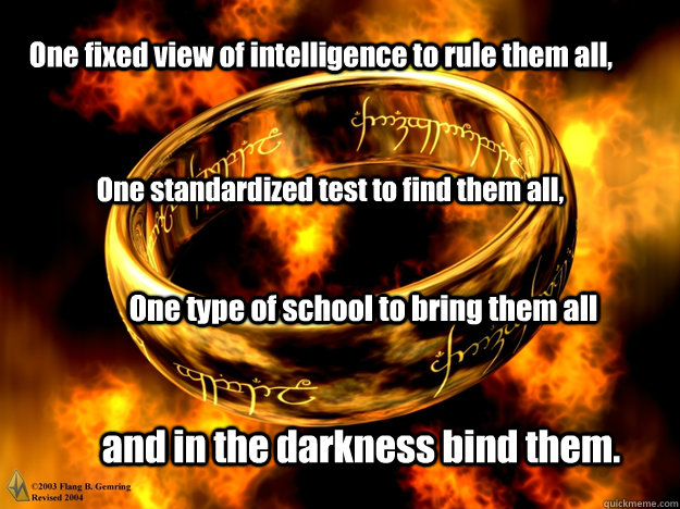 One fixed view of intelligence to rule them all, One standardized test to find them all, One type of school to bring them all and in the darkness bind them.  