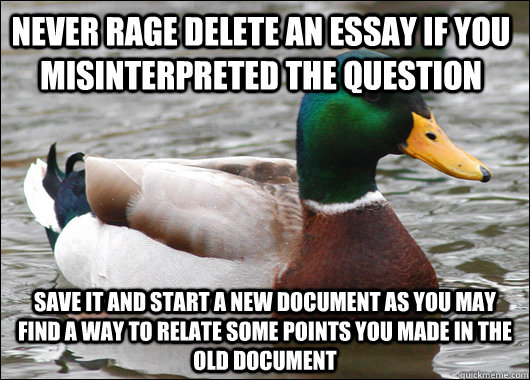 Never rage delete an essay if you misinterpreted the question save it and start a new document as you may find a way to relate some points you made in the old document  Actual Advice Mallard