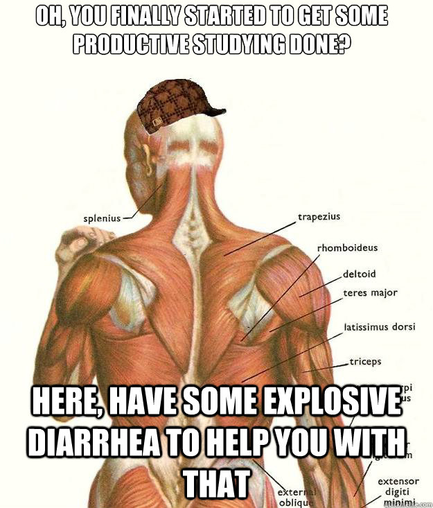 Oh, you finally started to get some productive studying done? Here, have some explosive diarrhea to help you with that - Oh, you finally started to get some productive studying done? Here, have some explosive diarrhea to help you with that  Scumbag body