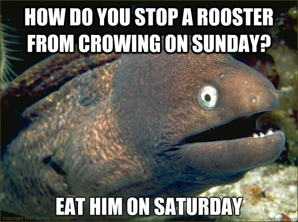 How do you stop a rooster from crowing on sunday? Eat him on saturday  Bad Joke Eel