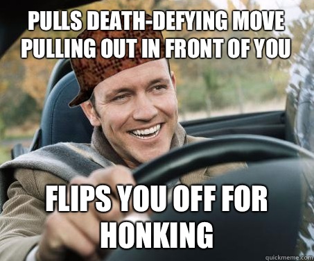 pulls death-defying move pulling out in front of you flips you off for honking   SCUMBAG DRIVER