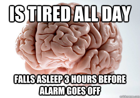 is tired all day falls asleep 3 hours before alarm goes off  Scumbag Brain