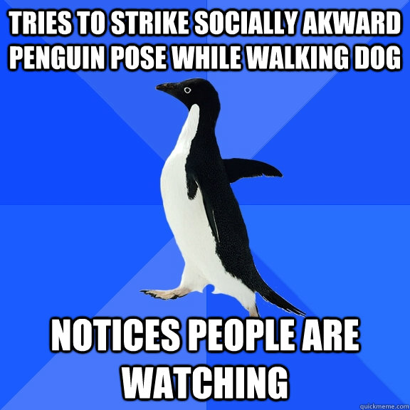 Tries to strike Socially akward penguin pose while walking dog Notices people are watching  Socially Awkward Penguin