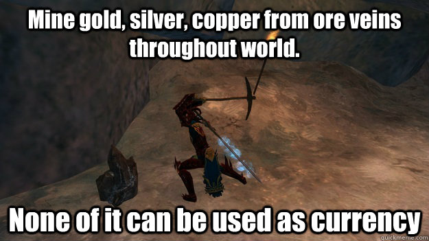 Mine gold, silver, copper from ore veins throughout world. None of it can be used as currency - Mine gold, silver, copper from ore veins throughout world. None of it can be used as currency  MMORPG Logic