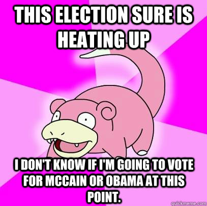 This election sure is heating up I don't know if I'm going to vote for McCain or Obama at this point.   Slowpoke